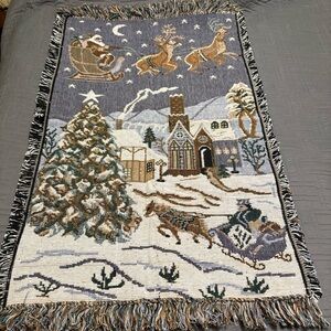 Vintage Christmas Rug Santa Reindeer Sleigh Tree Holiday